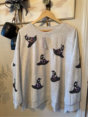 Philosophy Light Gray Sweatshirt with Black & Purple Witch Hat Appliqués